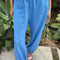 model wearing french blue cotton balloon pants