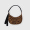 dark brown leather small crescent bag with black strap