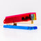 side view of colorblock stapler with pinkish red top and blue bottom