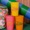 set of 4 colorful plastic stadium cups with 'greetings from camp friendship!' across the front surrounded by camp items