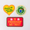 set of 3 embroidered patch stickers: yellow heart with green 'having the most fun possible' across the front, white round 'most likely to glue my fingers together' and red rectangular 'in friendship we trust'