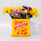 yellow potato chips shaped vase with flowers inside