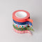 top view of set of 5 colorful washi tape with various prints and typography