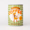 green and white checkered coffee can planter with 'FIRST RODEO COFFEE' label across the front