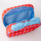 pink and red vertical stripe toiletry bag with light blue bow handle