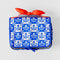 blue and white Scandinavian plaid with red bow handle