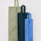 flattened set of 3D zip set: small light blue, medium dark teal, and large khaki green