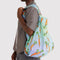 model carrying multicolor big baggu with all over carrot print