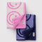 set of two smiley hand towels: light pink/fuchsia, and dark blue/cobalt blue