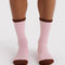model wearing pink crew socks with burgundy trim