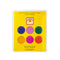back view of packaged set of 14 colorful circle and smiley square bookplates with 'from the library of" and 'this book belongs to' on the front
