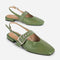 side view of cactus slingback flat with large grommet buckle and square toe