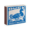 white matchbox with blue duck design and 'DUCK' across the front