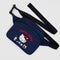 navy fanny pack with embroidered hello kitty with a milkshake and fishbowl