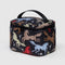 black puffy lunch bag with black strap and trim and colorful horse cut out print