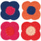 set of four colorful poppy shaped crochet coasters
