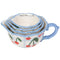 stacked set of blue gingham ceramic measuring cups with cherry print