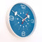 side view of blue wall clock with white trim, numbers, and has retro 50's white and red hands
