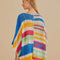 back view of model wearing colorful stripe crochet kimono