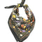 folded and tied black square cotton bandana with colorful abstract floral print