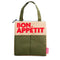 dark green and cream rectangle lunch bag with red 'bon appetit' across the front