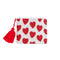 white small beaded clutch with red tassel and red beaded heart design