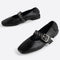 black mary jane flats with elastic back and thick buckle strap with silver grommets and buckle