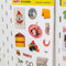 side view of party sticker sheet with disco ball, cake, snacks, record player, and cute 'PARTY' and 'FUN cutouts