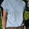 model wearing light blue cap sleeve tee