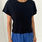 model wearing black relaxed fit tee with a slight crop