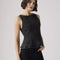 model wearing black denim peplum tank top