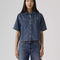 model wearing western dark denim short sleeve button down top