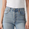 up close of front of light wash ribcage straight ankle jeans