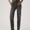 model wearing black wash relaxed straight leg jeans