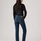 back view of model wearing dark wash wedgie straight jeans