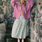 mint asymmetrical dot midi skirt with purple cardigan