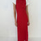 model wearing pepper red crinkle tank maxi dress with open tie back wearing a white tee underneath
