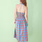 back view of halter of colorful plaid midi dress with button front, collar detail, and drop waist