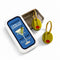 olive dangle earrings on gold hoops and comes in a tin holder