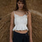 white gathered cropped tank with ruffle bust and tie waist