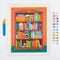 painted paint by numbers kit with colorful bookshelf scene with 5 brushes and paint pots