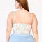 model showing smocked back of pastel wavy print bustier tank and matching bottoms
