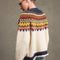 back view of model wearing cream toggle front cardigan with brown, yellow, navy, and raspberry nordic pattern
