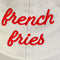 up close of tan dad hat with red 'french fries' across the front