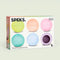packaged set of 6 mini memory gel stress balls in teal, yellow, pink, purple, misty blue, and peach
