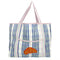 blue and lavender plaid recycled plastic tote with ribbon detail and crescent applique