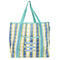 blue, white and yellow plaid large recycled plastic tote bag with ric rac detail and embroidered three fishies on the front pocket