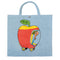 light blue tote bag with wormly driving in an apple car