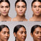 two models showing the bronzing drops on their face before, after 1 layer, and after 2 layers