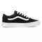 side view of black old skool sneaker with white pop laces
